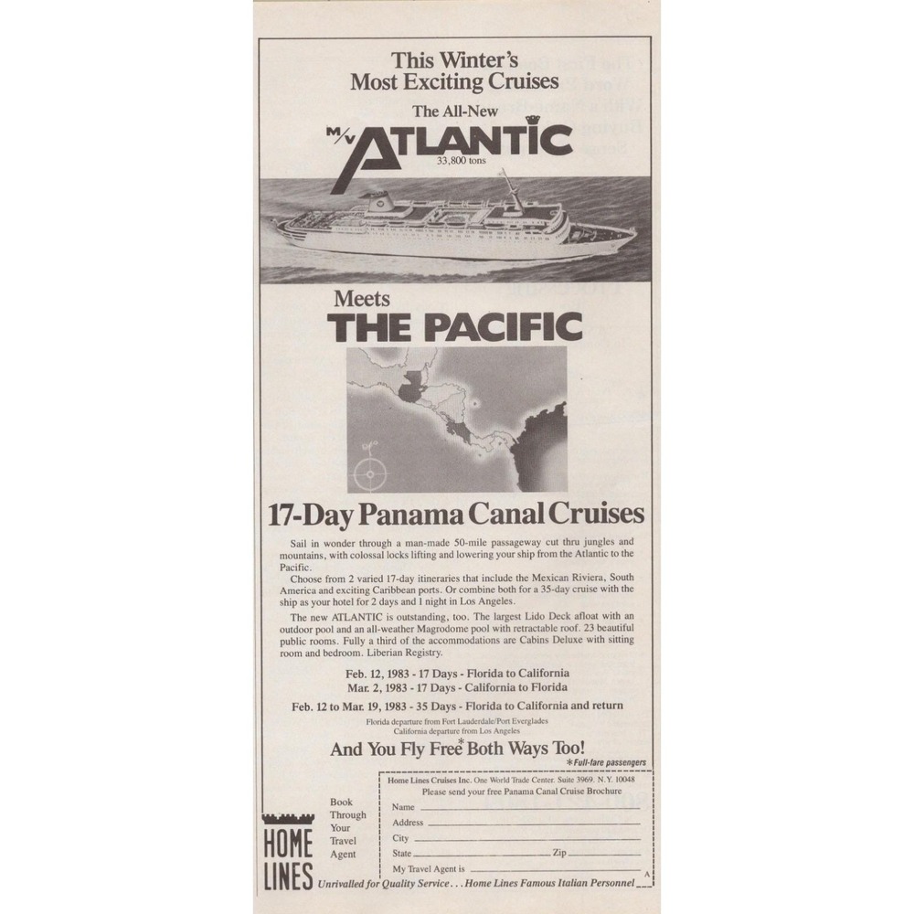 1982 Home Lines Atlantic Panama Canal Cruise Vintage Print Ad World Trade Center